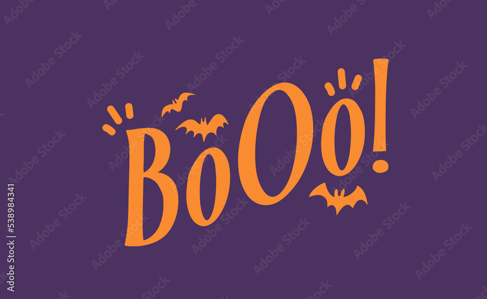 Boo! exclamation lettering. Halloween quote funny design with bats.