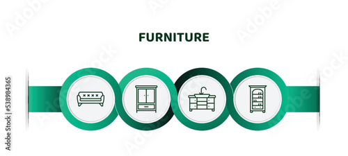 editable thin line icons with infographic template. infographic for furniture concept. included sofa, clo, kitchen sink, bookcase icons.