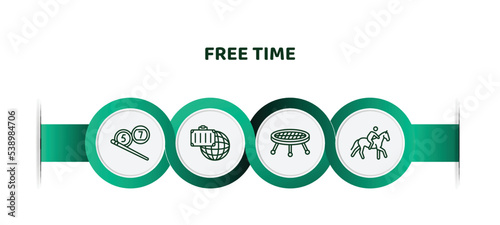editable thin line icons with infographic template. infographic for free time concept. included billiard, traveling, jumping, riding icons.