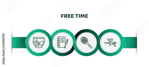 editable thin line icons with infographic template. infographic for free time concept. included fish tank, write, tennis racket, paintball icons.