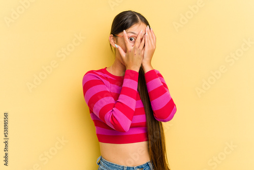 Young Asian woman isolated on yellow background blink through fingers frightened and nervous.