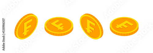 Isometric gold coins set with Swiss frank sign. 3d Cash, frank currency, Game coin, banking or casino money symbol for web, apps, design. Switzerland currency exchange icon vector icon.