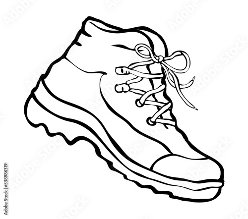 Tourist hiking boot. Fashion shoes. Travel equipment. Active lifestyle. Cartoon vector black and white illustration. Hand drawn outline style