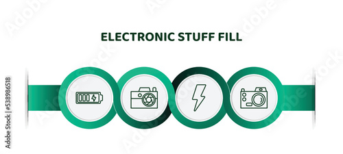 editable thin line icons with infographic template. infographic for electronic stuff fill concept. included charging battery, compact camera, blitz flash, digital camera icons.
