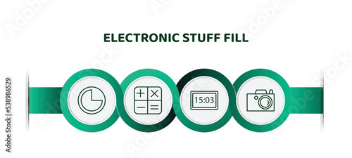 editable thin line icons with infographic template. infographic for electronic stuff fill concept. included three quarters, calculating, camera big screen size, photograph icons.