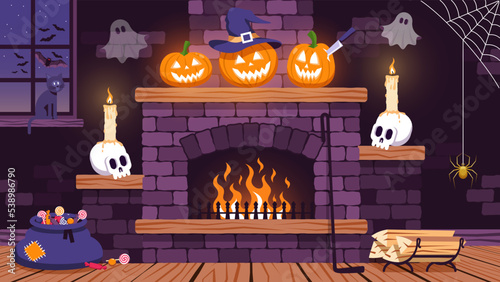 Halloween room with fireplace, pumpkins and skulls. Vector image.