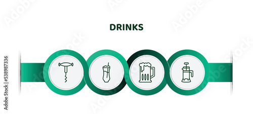 editable thin line icons with infographic template. infographic for drinks concept. included sorkscrew, ramos gin fizz, brewery, french press icons.