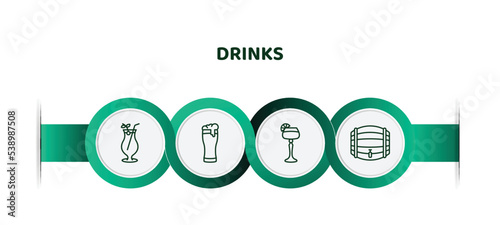 editable thin line icons with infographic template. infographic for drinks concept. included tequila sunrise, pint of beer, sidecar drink, cask icons.