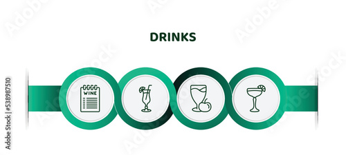 editable thin line icons with infographic template. infographic for drinks concept. included wine list, tropical itch, juice, daiquiri icons.