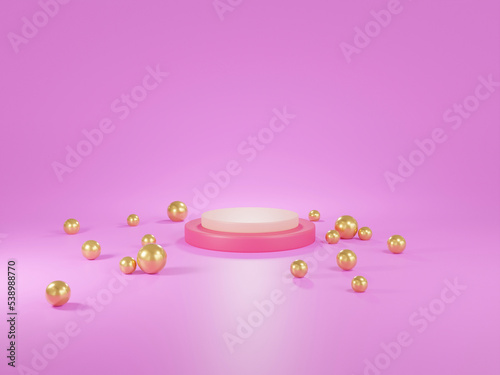 3d pink cylinder Podium stage two steps for cosmetics showcase surrounded by golden balls. Blank product stand background in pastel colors.  Advertising place