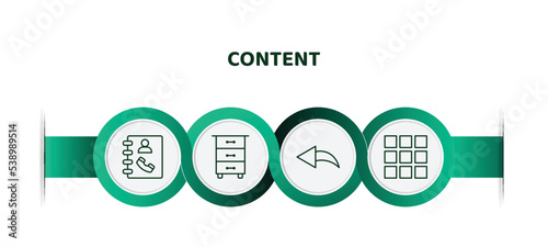editable thin line icons with infographic template. infographic for content concept. included phone book, drawer, reply, thumbnails icons.