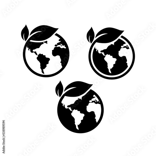 Eco environment icon in trendy flat style isolated on white background. Eco electric vector sign in black. Planet and leafs symbol. Vector illustration for graphic design, logo, Web, UI, mobile app.