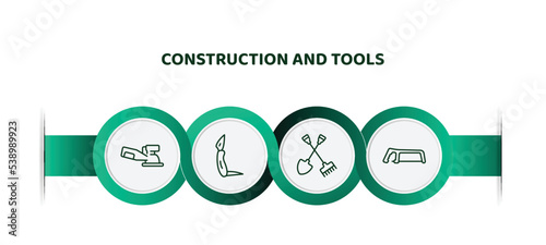 editable thin line icons with infographic template. infographic for construction and tools concept. included sanding hine, jackknife, shovel and fork, metal saw icons.