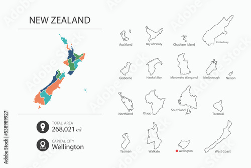 Map of New Zealand with detailed country map. Map elements of cities, total areas and capital.