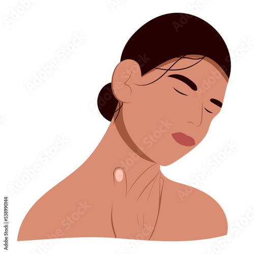 Sore throat, chest pain. The girl or woman holds her hand on her chest. Unhappy girl, woman suffering from pain. 