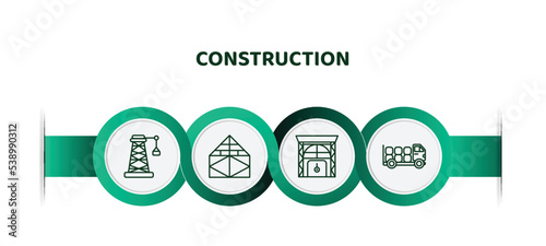 editable thin line icons with infographic template. infographic for construction concept. included derrick with boxes, joist, big door, truck with load icons.