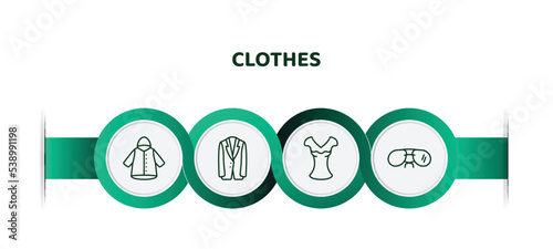 editable thin line icons with infographic template. infographic for clothes concept. included nylon jacket, jersey blazer, chiffon suffle blouse, pilot sunglasses icons.