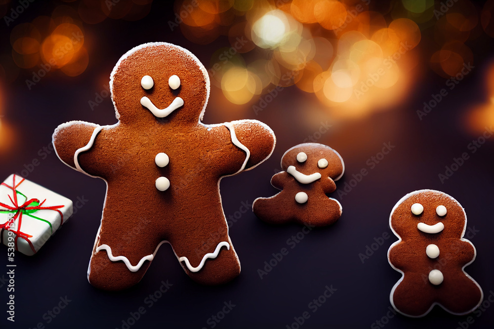 Gingerbread man with on blur light background. Christmas concept. 3d rendering Gingerbread man with on blur light background. Christmas concept. 3d rendering