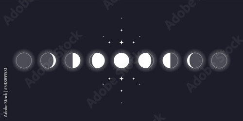 Moon phases scheme sphere shadow cycle astronomy icon set. Vector Illustration background