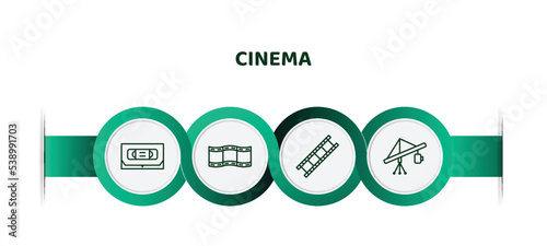 editable thin line icons with infographic template. infographic for cinema concept. included inclined videocaste, image fotogram, film strip black, jimmy jib icons. photo