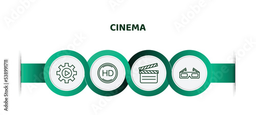 editable thin line icons with infographic template. infographic for cinema concept. included video tings, hd, movie clapper, 3d paper glasses icons.