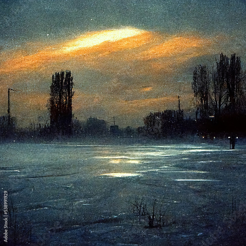 Red dramatic sunset or sunrise and blue dark sky with city park and trees silhouette in foreground, countryside landscape vintage, retro painting old digital art abstract outdoor scene cinematic grain