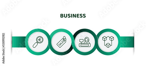 editable thin line icons with infographic template. infographic for business concept. included euro under magnifier, sale tag, supermarket cashier, connection box chart icons.