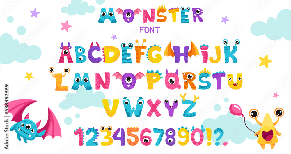 Monster alphabet. Set of cute and kawaii letters, numbers and characters for baby invitation design, poster, banner or birthday card. Cute monster font for children party design. Vector Illustration.
