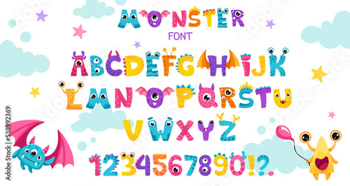 Monster alphabet. Set of cute and kawaii letters, numbers and characters for baby invitation design, poster, banner or birthday card. Cute monster font for children party design. Vector Illustration.