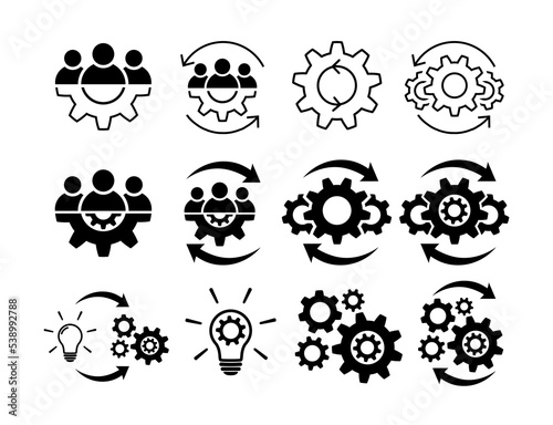 Teamwork process icon set. Team and gear symbols isolated on white. Leadership and creative signs in flat Line and fill icons Group of people symbol Teamwork abstract icon in black Vector illustration