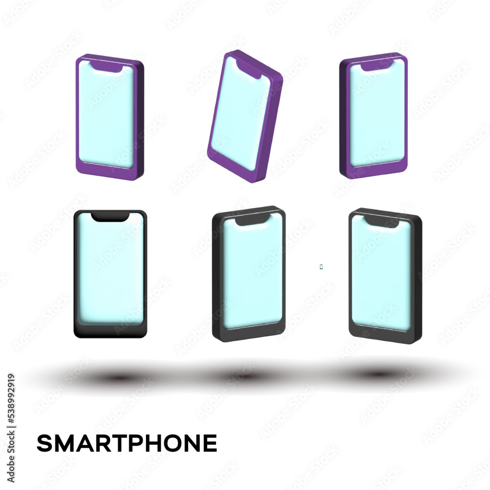 A set of 3D smartphones from different brands, a mockup of a smartphone