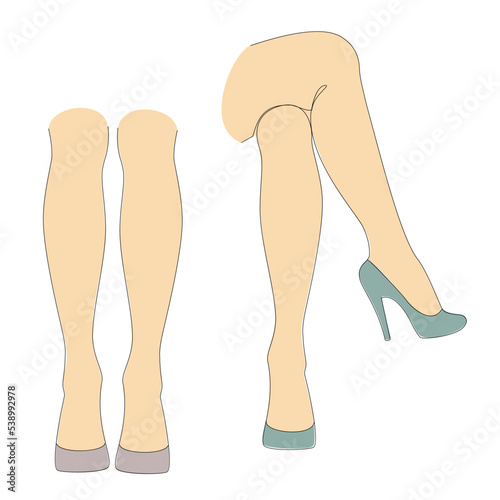 Collection. Silhouettes of female legs. Girl in high heels. Lady standing, suitable for sticker, logo. Well-groomed legs, beautiful silky skin. Vector illustration set.