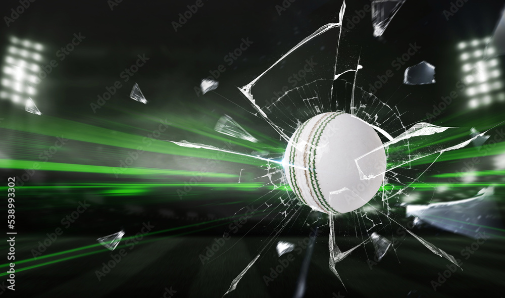 Broken glass with cricket ball stadium. 3d rendering illustration