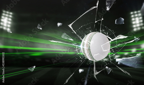 Broken glass with cricket ball stadium. 3d rendering illustration.