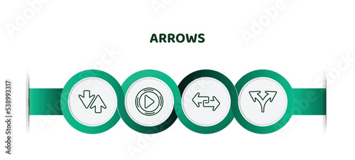 editable thin line icons with infographic template. infographic for arrows concept. included sort, play button, transfer, split arrows icons.