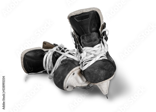 Photography Pair of Used Black Ice Hockey Skates, Isolated on Transparent Background