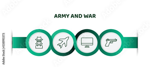 editable thin line icons with infographic template. infographic for army and war concept. included secret agent, airplane, computer, icons.