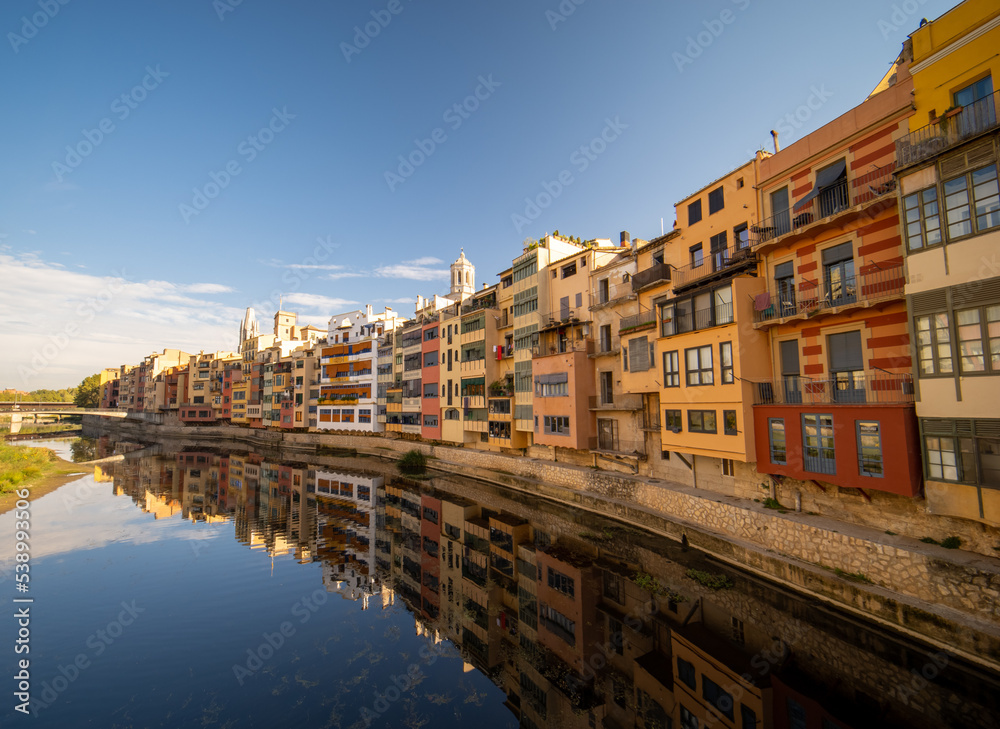 girona catalonia spain medieval city old town cathedral Panoramic view of the city with reflection in the Oñar river