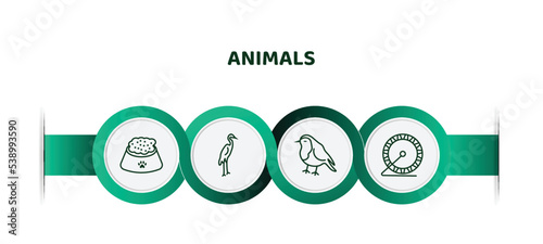 editable thin line icons with infographic template. infographic for animals concept. included pet food, heron, robin, hamster ball icons.