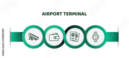editable thin line icons with infographic template. infographic for airport terminal concept. included gangway truck, purse with bill, two passports, modern wirstwatch icons.