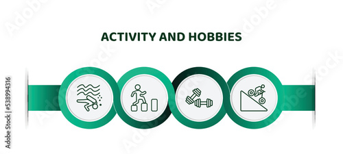editable thin line icons with infographic template. infographic for activity and hobbies concept. included diving, parkour, exercising, downhill icons.