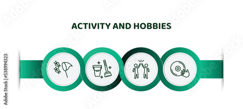 editable thin line icons with infographic template. infographic for activity and hobbies concept. included butterfly catcher, cleaning, meeting with a friend, disc jockey icons.