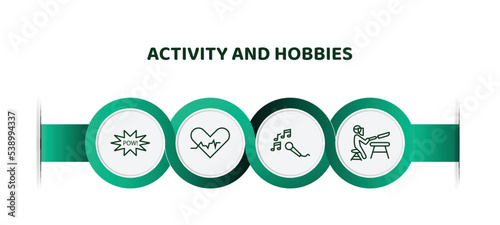 editable thin line icons with infographic template. infographic for activity and hobbies concept. included comic, heart rate, sing, knife making icons.