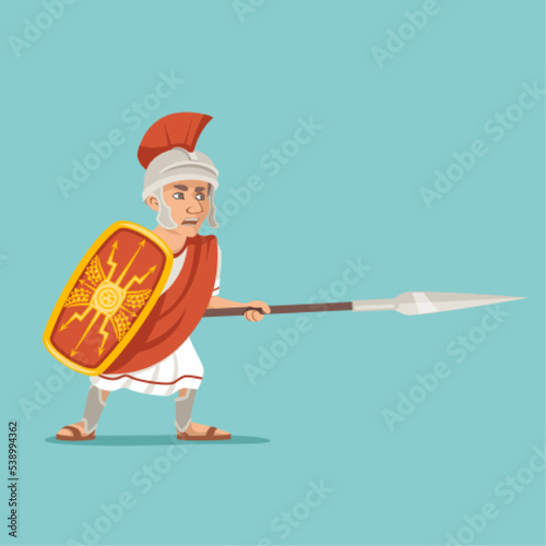 Spearman legionnaire warrior soldier spear shield greek roman battle stance character icon design cartoon vector illustration