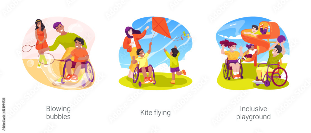 Outdoor games for disabled kids isolated cartoon vector illustration set