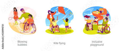 Outdoor games for disabled kids isolated cartoon vector illustration set