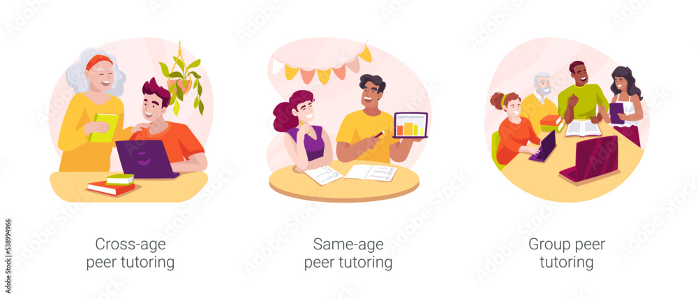 Peer tutoring isolated cartoon vector illustration set