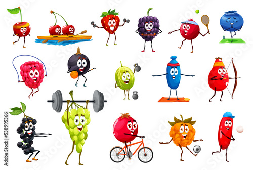 Cartoon funny sportsman fruits characters, vector farm and wild berry food. Cute strawberry, cherry, grape and blackberry, blueberry, raspberry, blackcurrant, cranberry and gooseberry personages