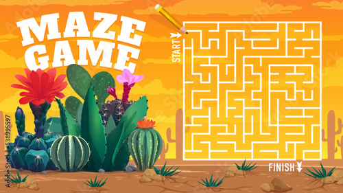 Cactuses and succulents in desert labyrinth maze. Vector kids board game worksheet with cartoon prickly flowers. Educational boardgame with path, start and finish, children riddle, preschool activity