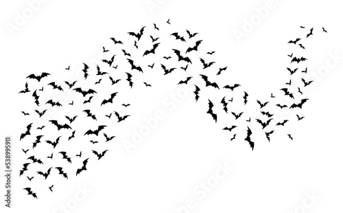 Flying halloween bats, curve wave fly on white background. Isolated vector vampire winged animal flock, swarm of creepy bats black silhouettes, spooky fauna creatures group flow graphic design element